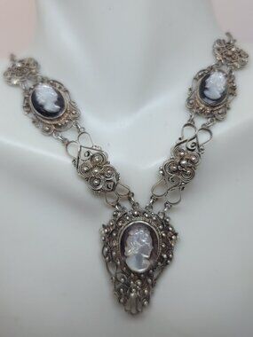 Vintage Italian Coin Silver & Cameo Sardonyx Necklace